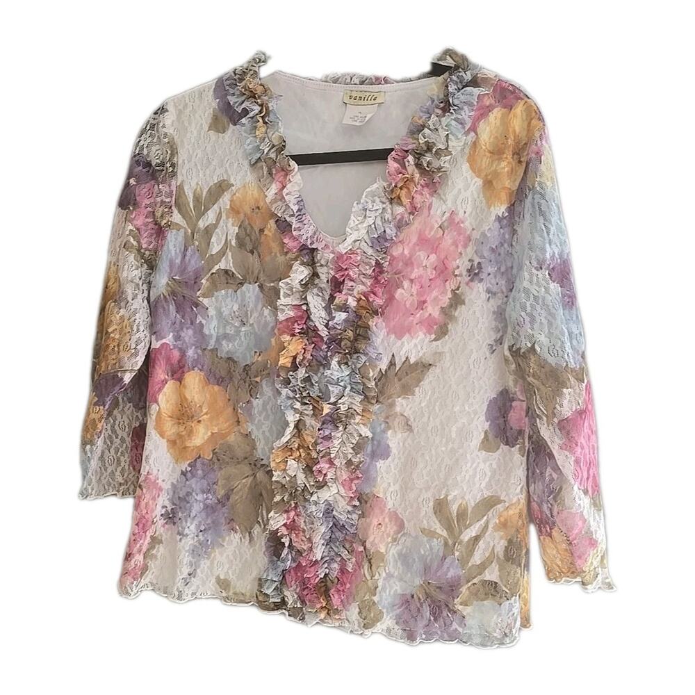 Vanilla Y2K Multicolor Floral Ruffle Fairy‎ Preppy 3/4 Sleeve Top Womans Size XL